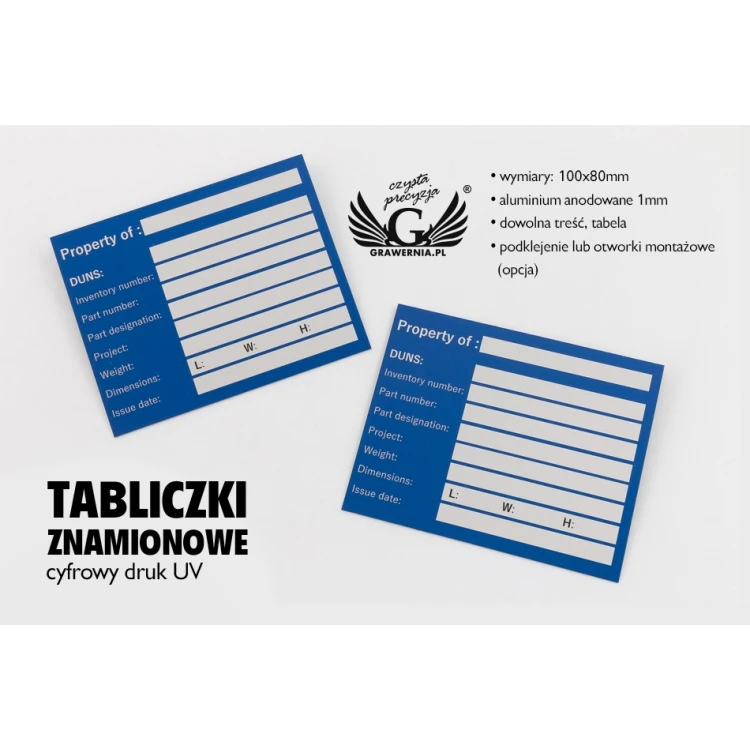 Name plates - anodised aluminium - indestructible printing - dimensions 100x80mm - TZN038