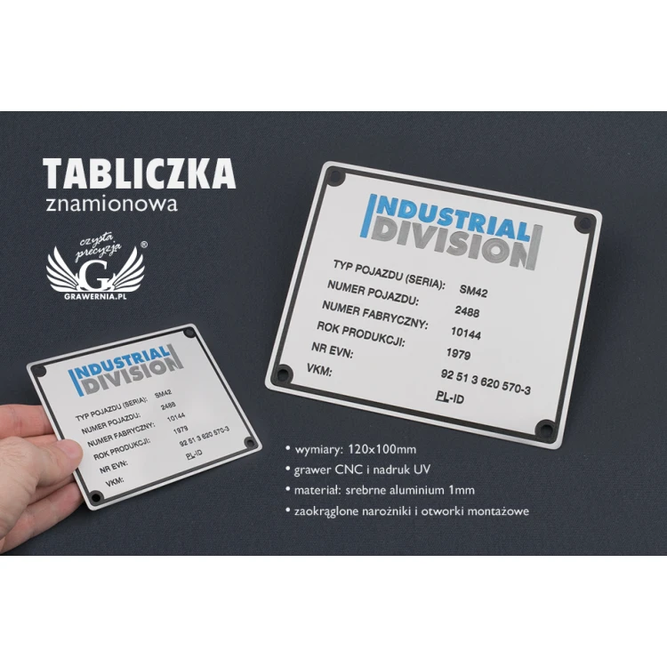 Silver Aluminium Nameplates - CNC Engraving and UV Printing - Dimensions: 120x100mm - TZN029