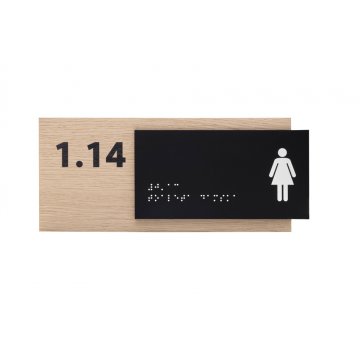 Women's Toilet - Braille Lettering Sign - Oak Veneer and Matte Black Acrylic Plate - Dimensions 262x118mm - TAB404