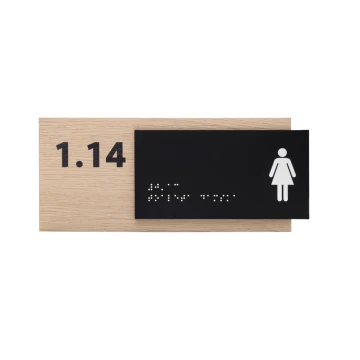 Women's Toilet - Braille Lettering Sign - Oak Veneer and Matte Black Acrylic Plate - Dimensions 262x118mm - TAB404