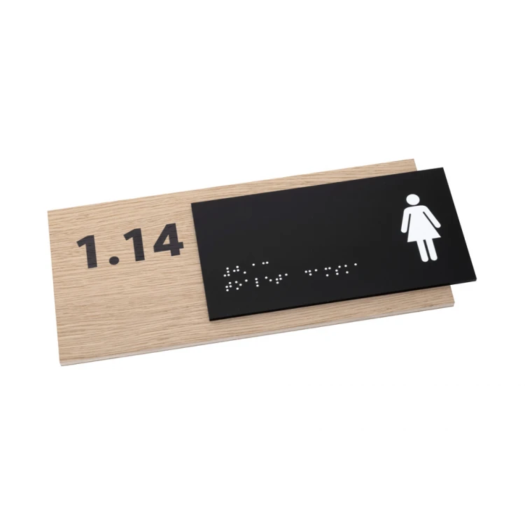 Women's Toilet - Braille Lettering Sign - Oak Veneer and Matte Black Acrylic Plate - Dimensions 262x118mm - TAB404