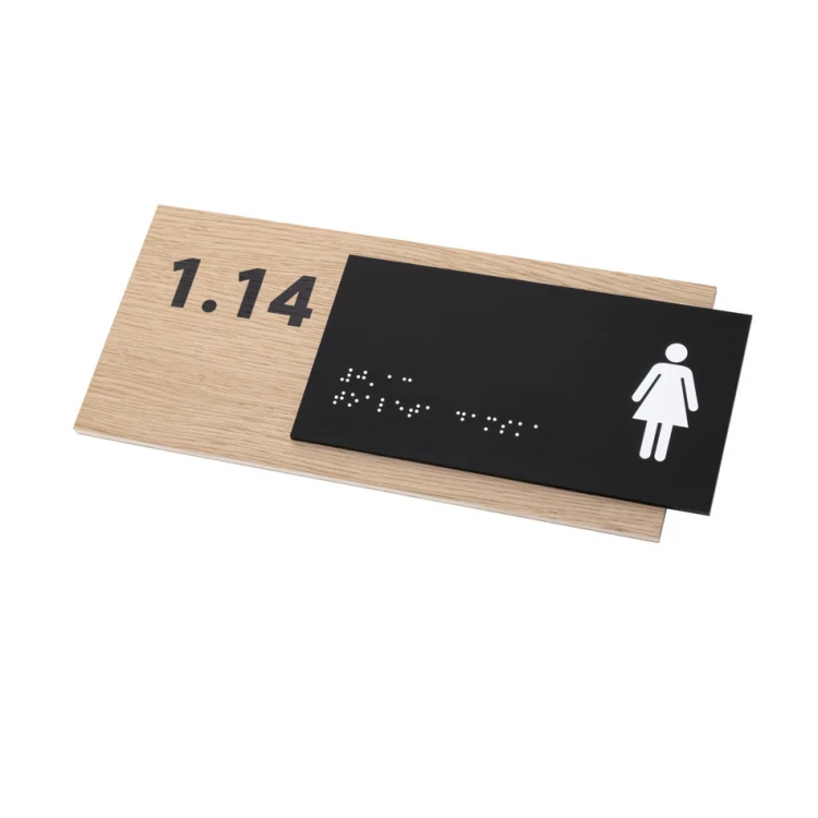 Women's Toilet - Braille Lettering Sign - Oak Veneer and Matte Black Acrylic Plate - Dimensions 262x118mm - TAB404