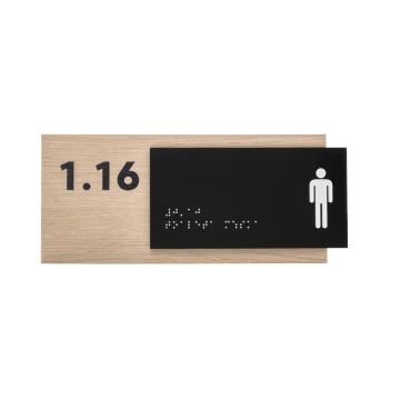 Men's Toilet - Braille Lettering Sign - Oak Veneer and Matte Black Acrylic Plate - Dimensions 262x118mm - TAB405