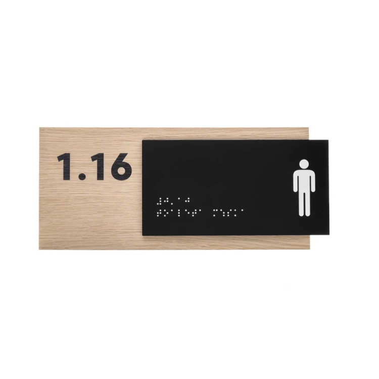 Men's Toilet - Braille Lettering Sign - Oak Veneer and Matte Black Acrylic Plate - Dimensions 262x118mm - TAB405