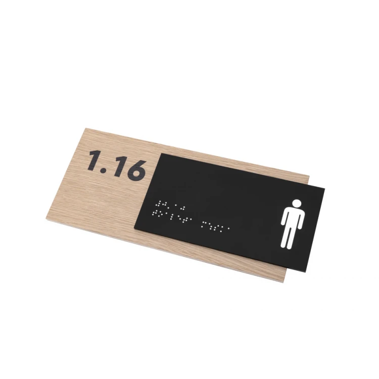 Men's Toilet - Braille Lettering Sign - Oak Veneer and Matte Black Acrylic Plate - Dimensions 262x118mm - TAB405