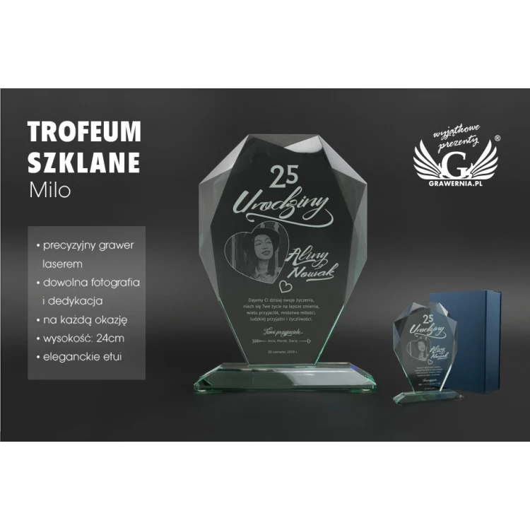 Glass Trophy in Case - MILO with Photo - Birthday Gift - TSZ064