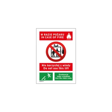 In case of fire do not use the elevator - sign size 150x210mm - PVC - UV color print - BHP095