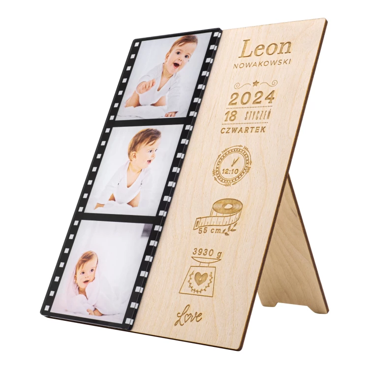 Wooden name badge with photos - laser engraving - dimensions 150x200mm - MET011