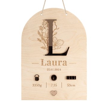 Wooden name tag with engraving - pink mirror acrylic - size 210x290mm - MET013