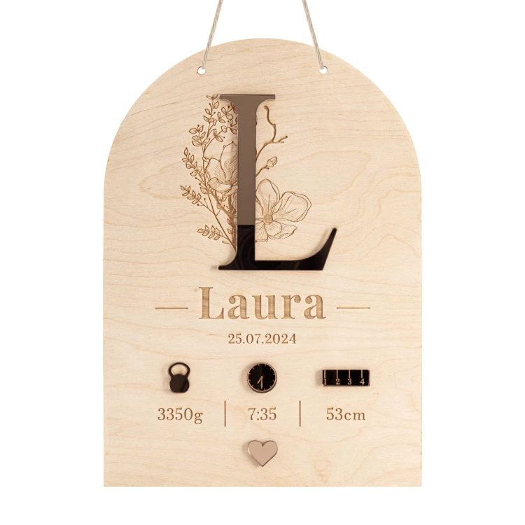 Wooden name tag with engraving - pink mirror acrylic - size 210x290mm - MET013