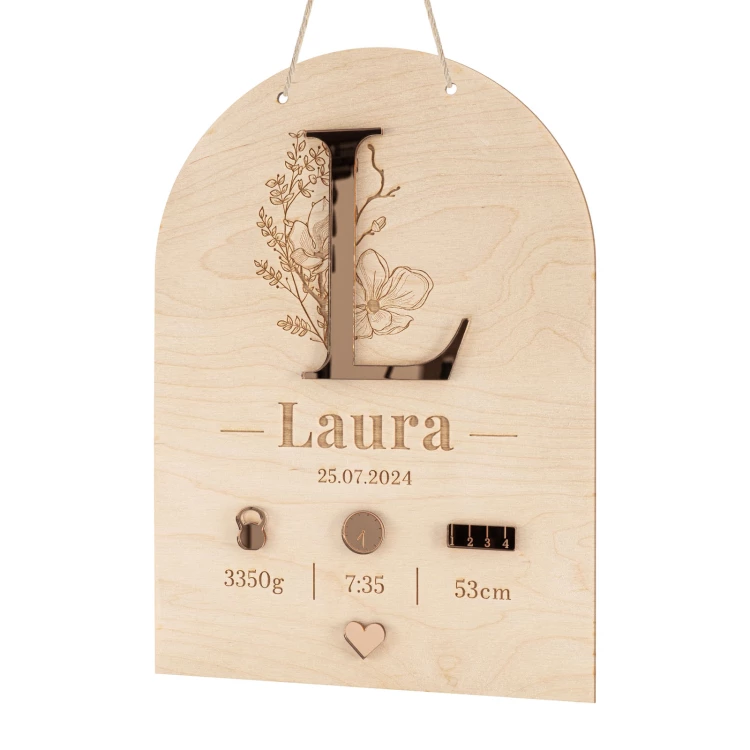 Wooden name tag with engraving - pink mirror acrylic - size 210x290mm - MET013