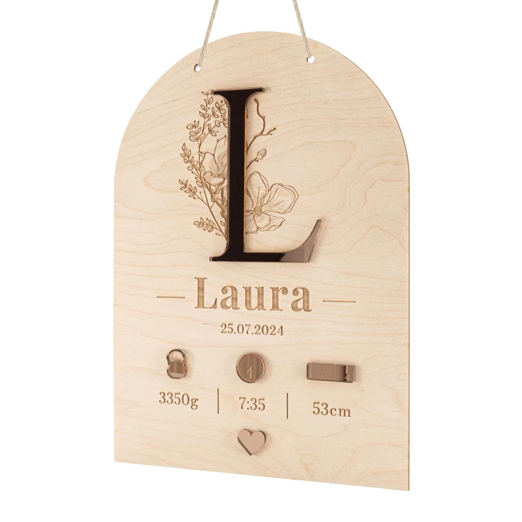 Wooden name tag with engraving - pink mirror acrylic - size 210x290mm - MET013