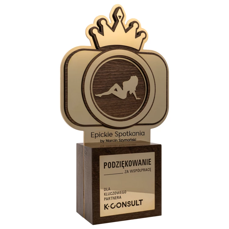 Exclusive business statuette with engraving - solid wood and brass - H 294 mm - DTA169