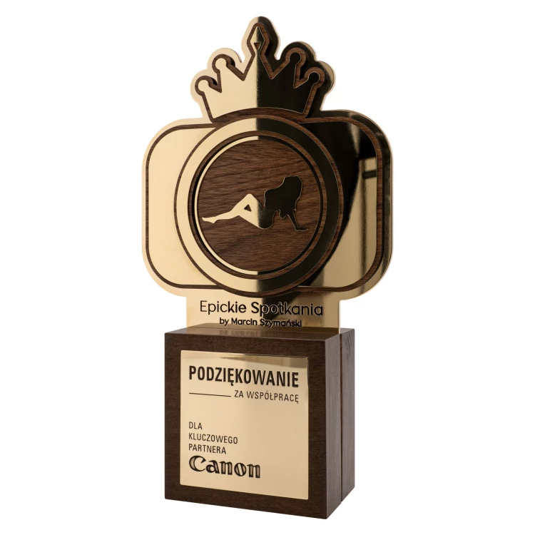 Exclusive business statuette with engraving - solid wood and brass - H 294 mm - DTA169