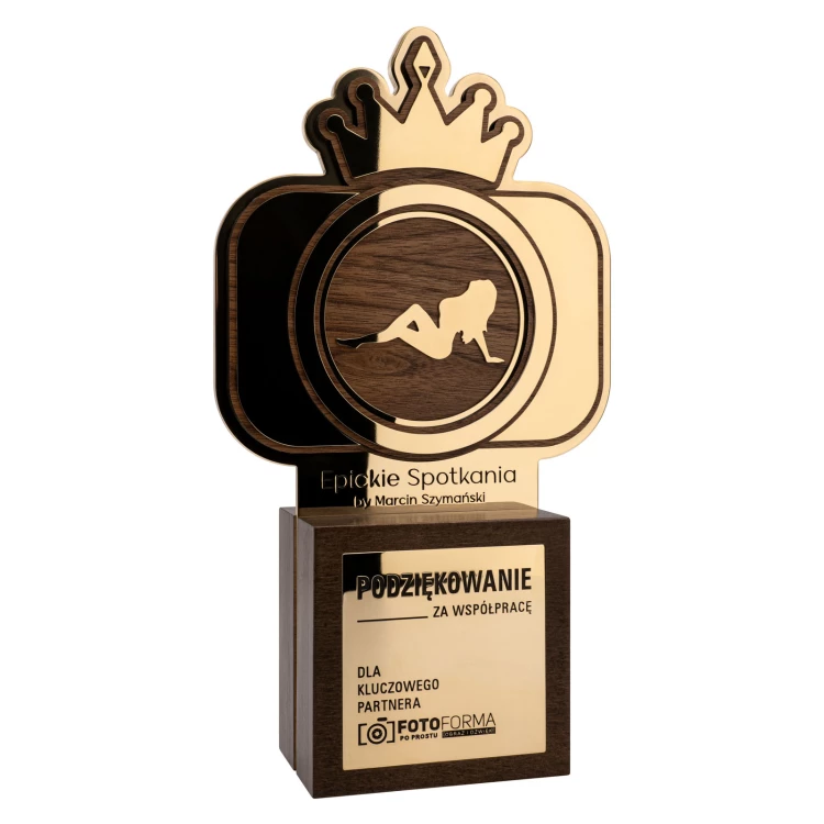 Exclusive business statuette with engraving - solid wood and brass - H 294 mm - DTA169