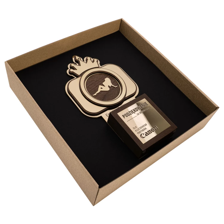 Exclusive business statuette with engraving - solid wood and brass - H 294 mm - DTA169
