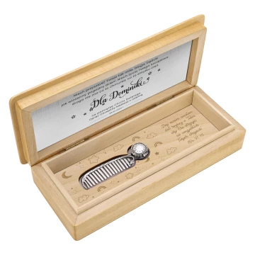 Silver comb in wooden box with dedication - Christening souvenir - G9-1