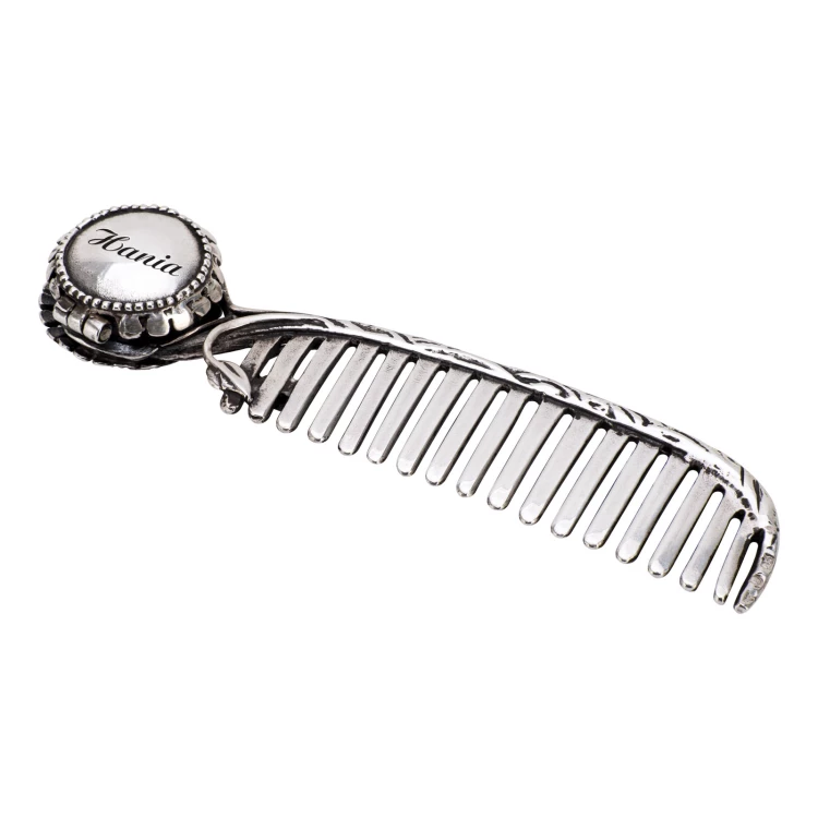 Silver comb in wooden box with dedication - Christening souvenir - G9-1