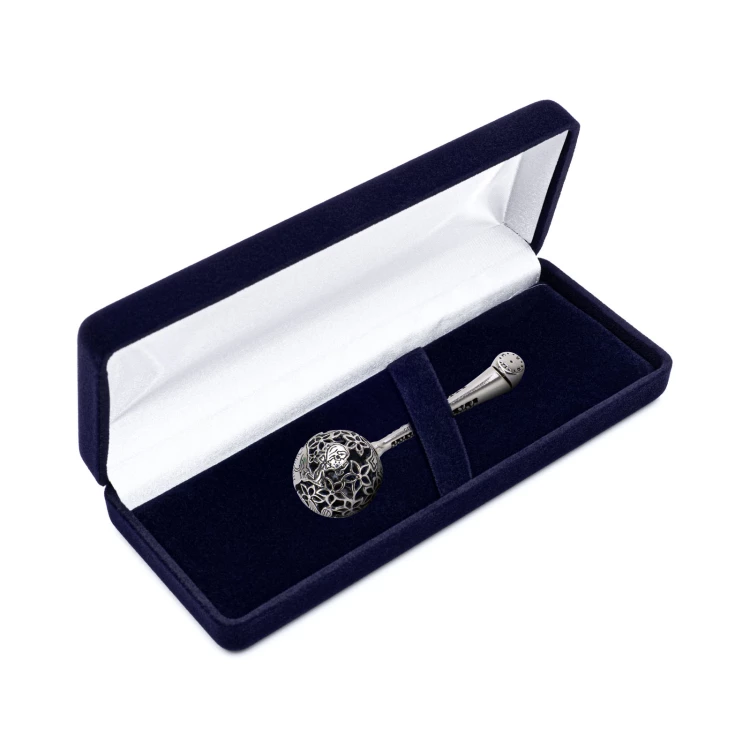Silver rattle in velour box with dedication - Christening souvenir - SRB007