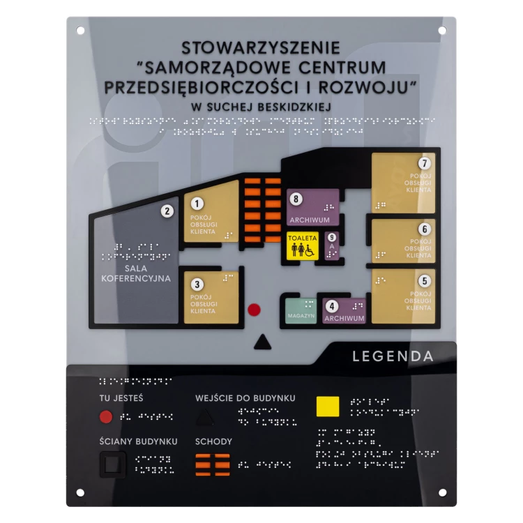 Braille plan with tile writing - ADA material, 3D doming, laminate and acrylic - Dimension 480x380 mm - TAB665