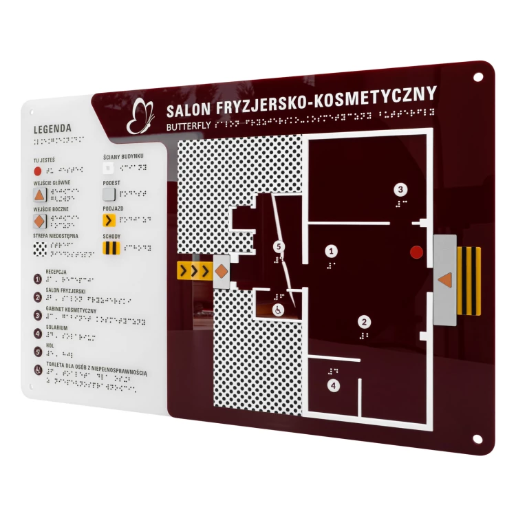 Braille plan with tile writing - ADA material, 3D doming, laminate and acrylic - Dimension 530x350 mm - TAB696