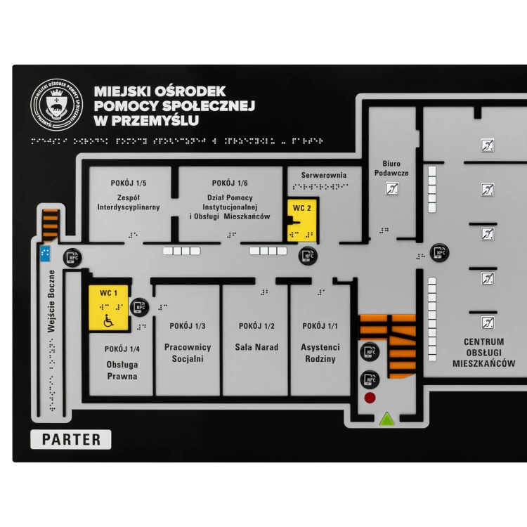 Braille and NFC tile plan - Hard PVC, ADA plastic, 3D doming, laminate and acrylic - Dimension 900x440 mm - TAB678