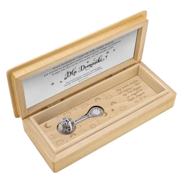 Silver rattle in in wooden box with dedication - Christening souvenir - SRB013-1