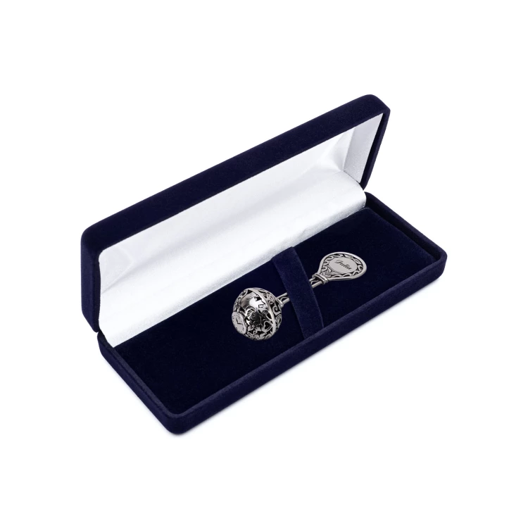 Silver rattle in velour box with dedication - Christening souvenir - SRB013