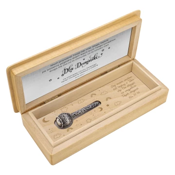 Silver rattle in in wooden box with dedication - Christening souvenir - SRB014