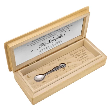 Silver spoon with the image of the Virgin Mary in a wooden box with dedication - Christening souvenir - SRB015-1