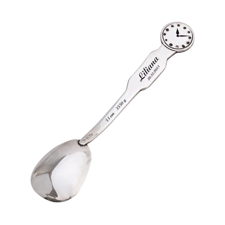 Silver spoon with the image of the Virgin Mary in a wooden box with dedication - Christening souvenir - SRB015-1