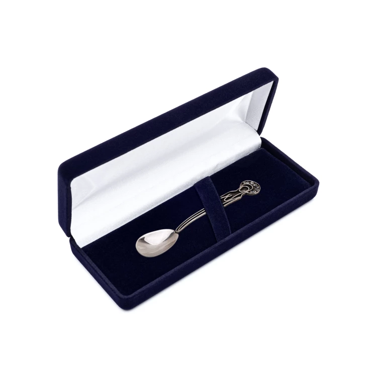 Silver teaspoon with an image of the Virgin Mary in a velour box with dedication - Christening souvenir - SRB015