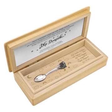 Silver spoon with rattle in wooden box with dedication - Christening souvenir - SRB018-1