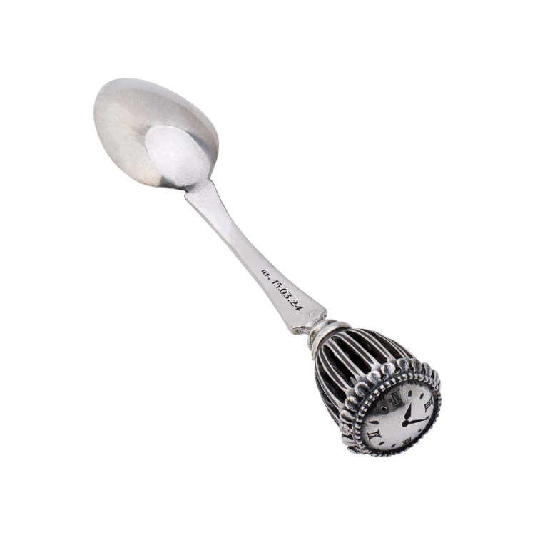 Silver spoon with rattle in wooden box with dedication - Christening souvenir - SRB018-1