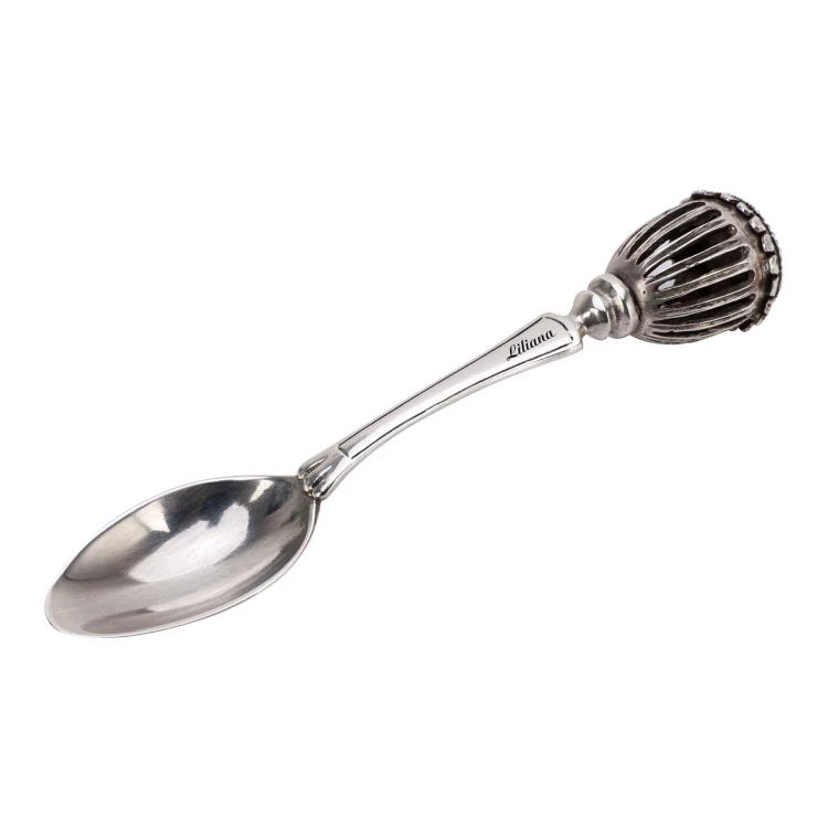 Silver spoon with rattle in wooden box with dedication - Christening souvenir - SRB018-1