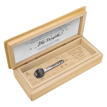 Silver rattle in in wooden box with dedication - Christening souvenir - SRB019-1