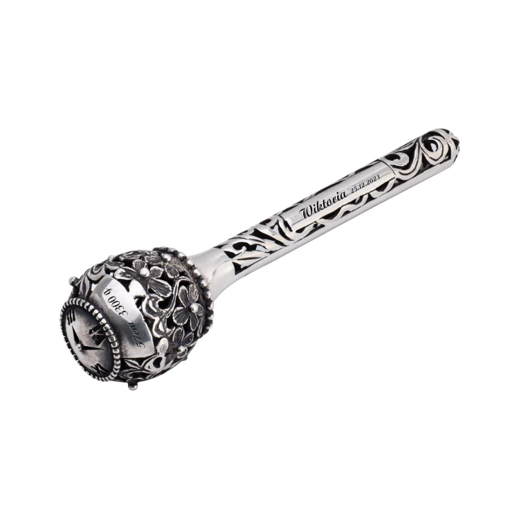Silver rattle in in wooden box with dedication - Christening souvenir - SRB019-1