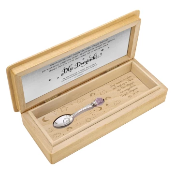 Silver spoon with pink crystal in wooden box with dedication - Christening Souvenir - SRB042-1