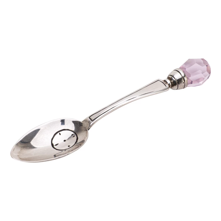 Silver spoon with pink crystal in wooden box with dedication - Christening Souvenir - SRB042-1