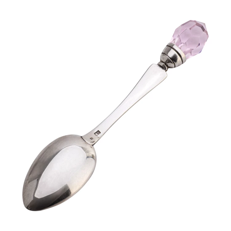 Silver spoon with pink crystal in wooden box with dedication - Christening Souvenir - SRB042-1