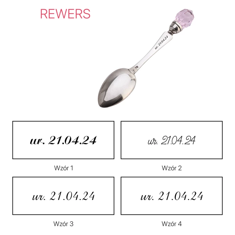 Silver spoon with pink crystal in wooden box with dedication - Christening Souvenir - SRB042-1