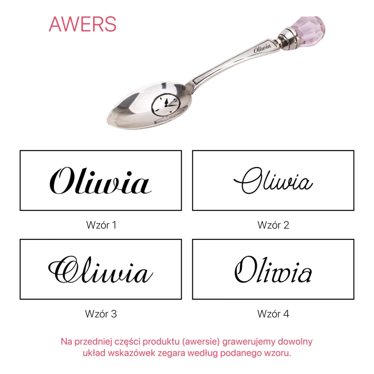 Silver spoon with pink crystal in wooden box with dedication - Christening Souvenir - SRB042-1
