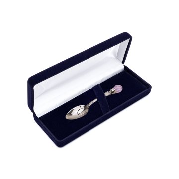 Silver spoon with pink crystal in velour box with dedication - Christening Souvenir - SRB042
