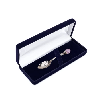 Silver spoon with pink crystal in velour box with dedication - Christening Souvenir - SRB042