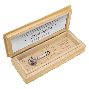 Silver rattle in in wooden box with dedication - Christening souvenir - - SRB043-1