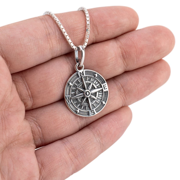 Silver compass necklace (925 sample) - wind rose - with any engraving - SRB045