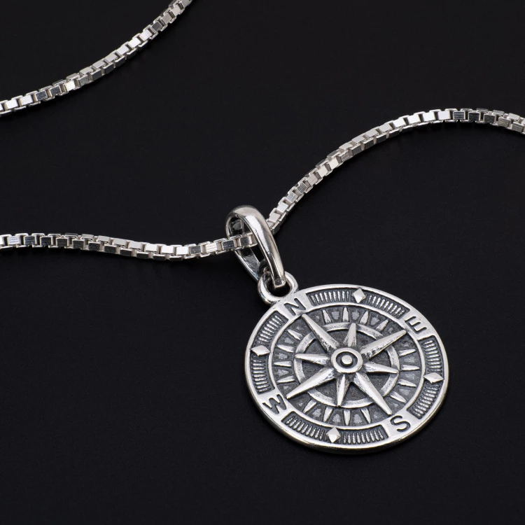 Silver compass necklace (925 sample) - wind rose - with any engraving - SRB045