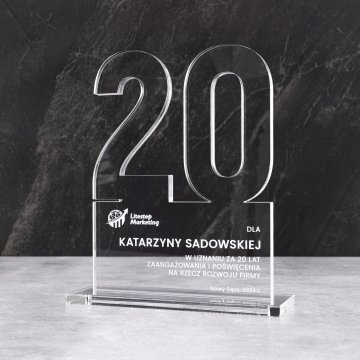 Acrylic statuette with logo for company anniversary - transparent acrylic - height 20 cm - DTA125