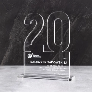 Acrylic statuette with logo for company anniversary - transparent acrylic - height 20 cm - DTA125