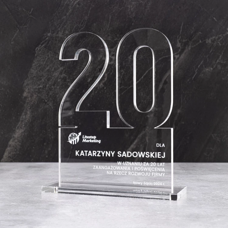 Acrylic statuette with logo for company anniversary - transparent acrylic - height 20 cm - DTA125